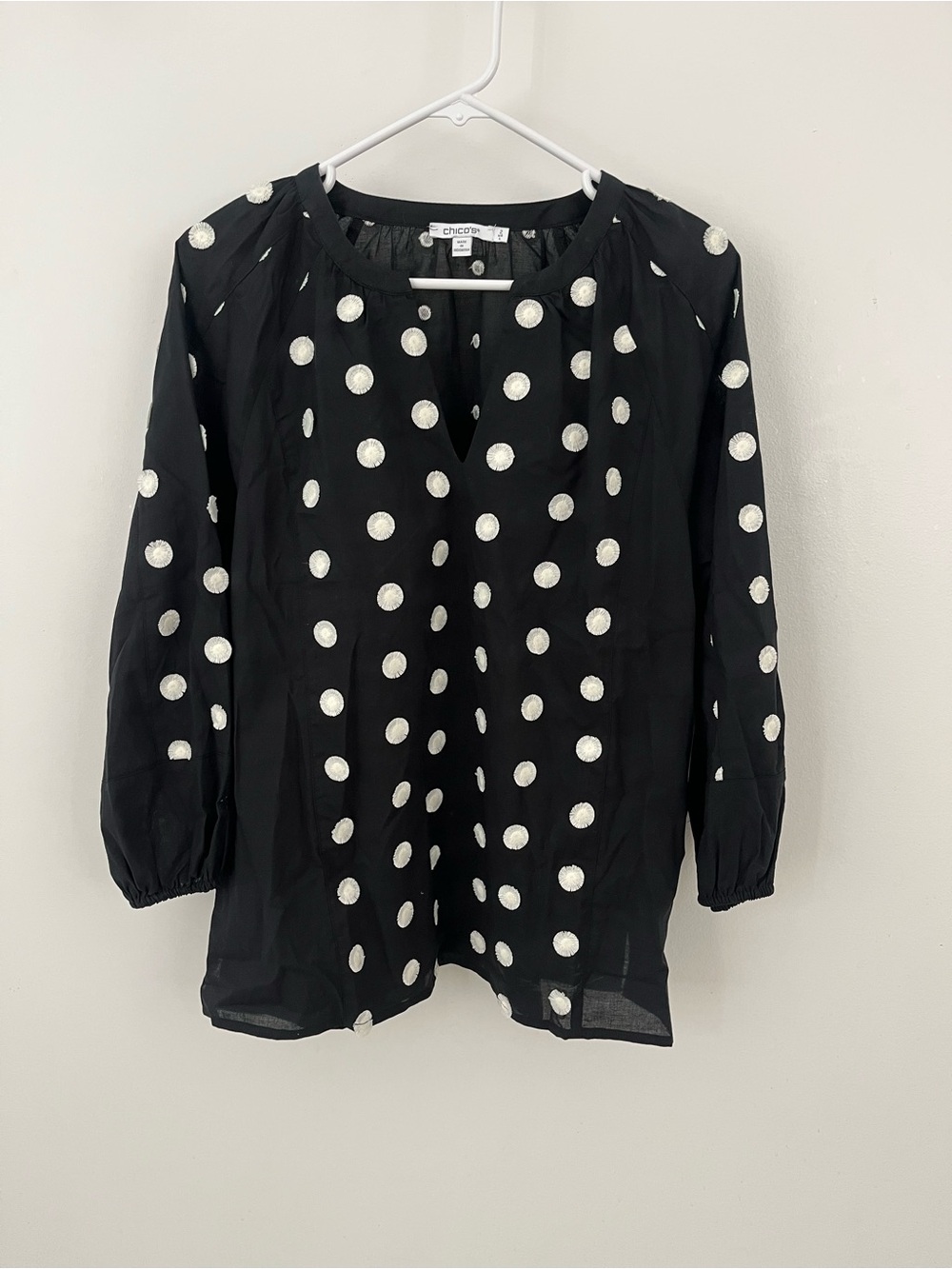 Chico's Black Blouse with White Polka Circles